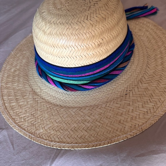 Blue and Tan Straw Sun Hat with Wide Brim - Picture 5 of 5